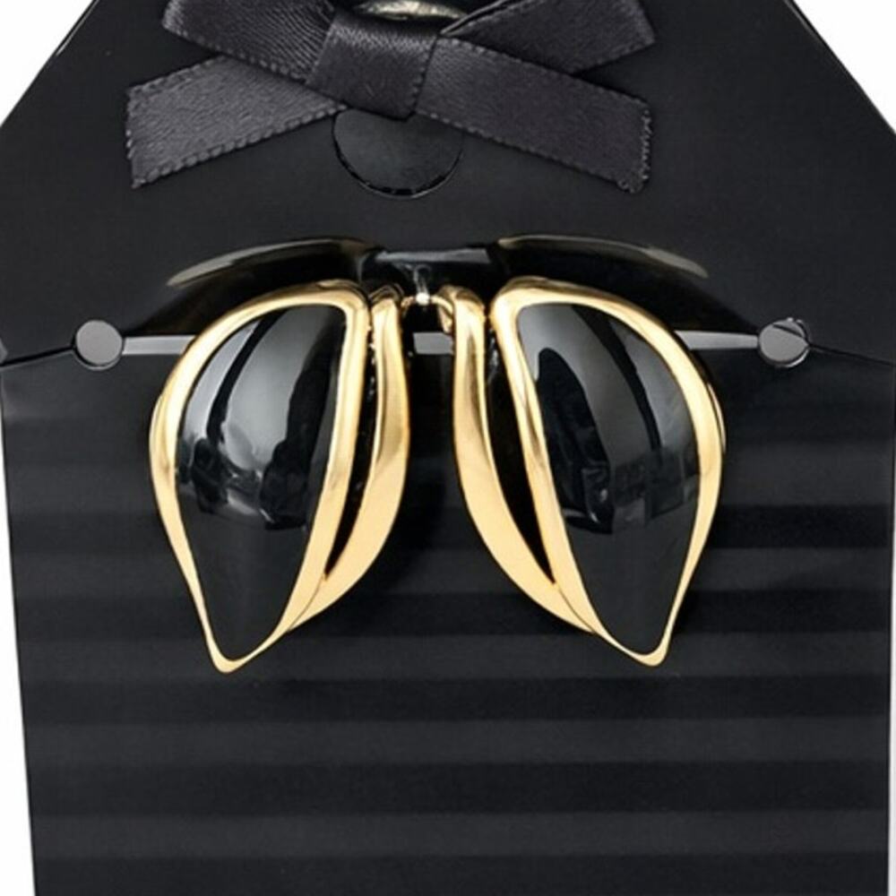 Monet Black Enamel Gold Tone Clip On Earrings Vintage Stamped